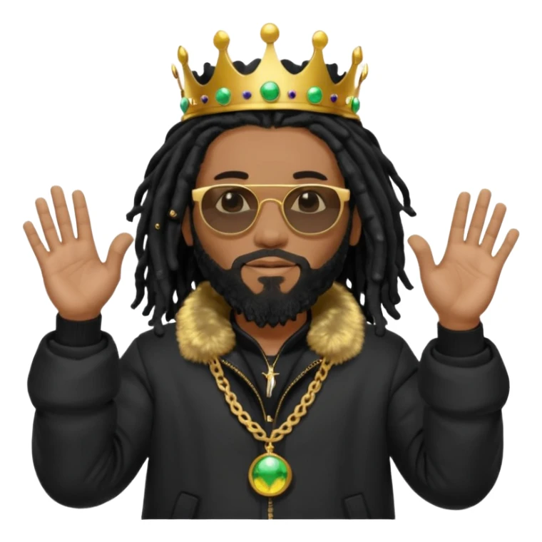 African American man with shoulder length black dreadlocks with black beard wearing black sunglasses with a black bubble winter coat wearing a crown with hands out sticker