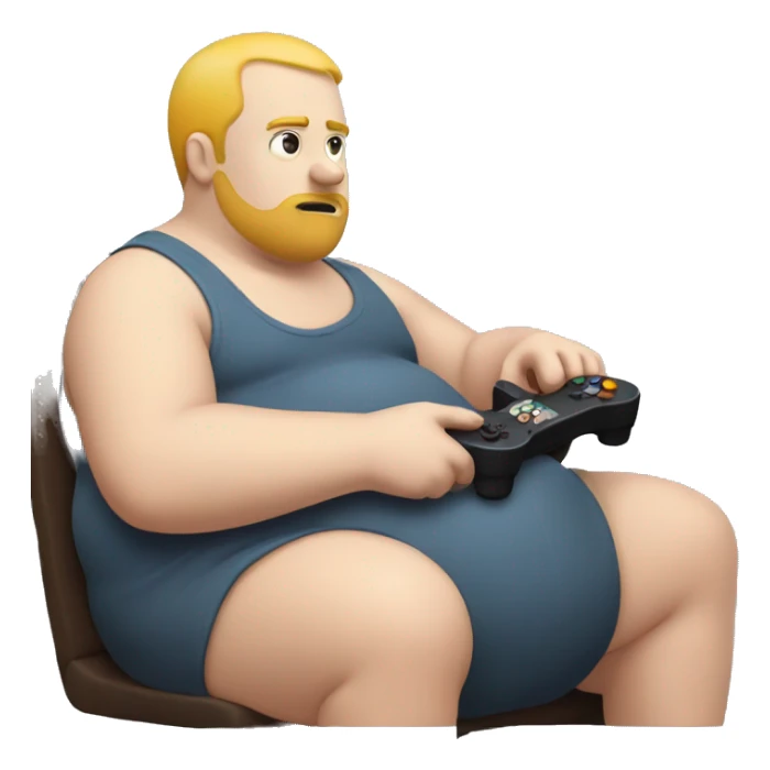 Fat white dude playing video games and eating sticker