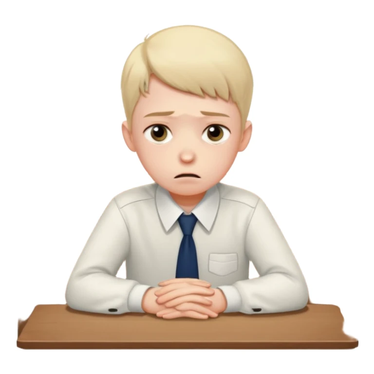 an anxious boyin school uniform sitting in front of a table sticker