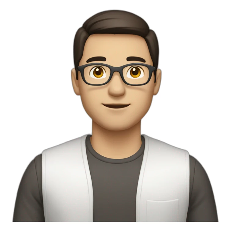 male engineer with white skin, dark brown straight hair spreaded from middle, brown eyes, circular glasses sticker