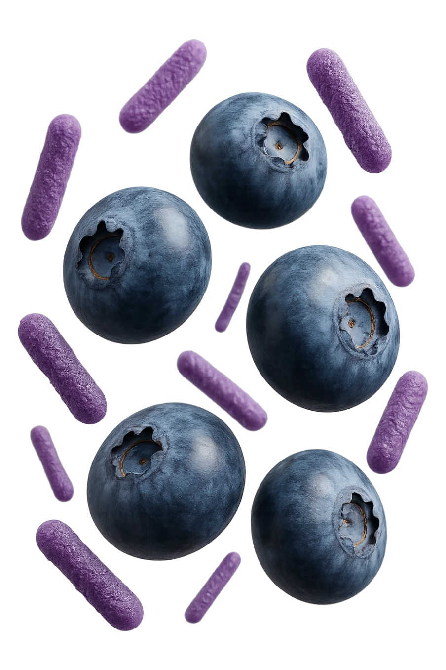 mirtilli fluttuano in aria insieme a 6 batteri intestinali viola, iperrealistico 4k sticker