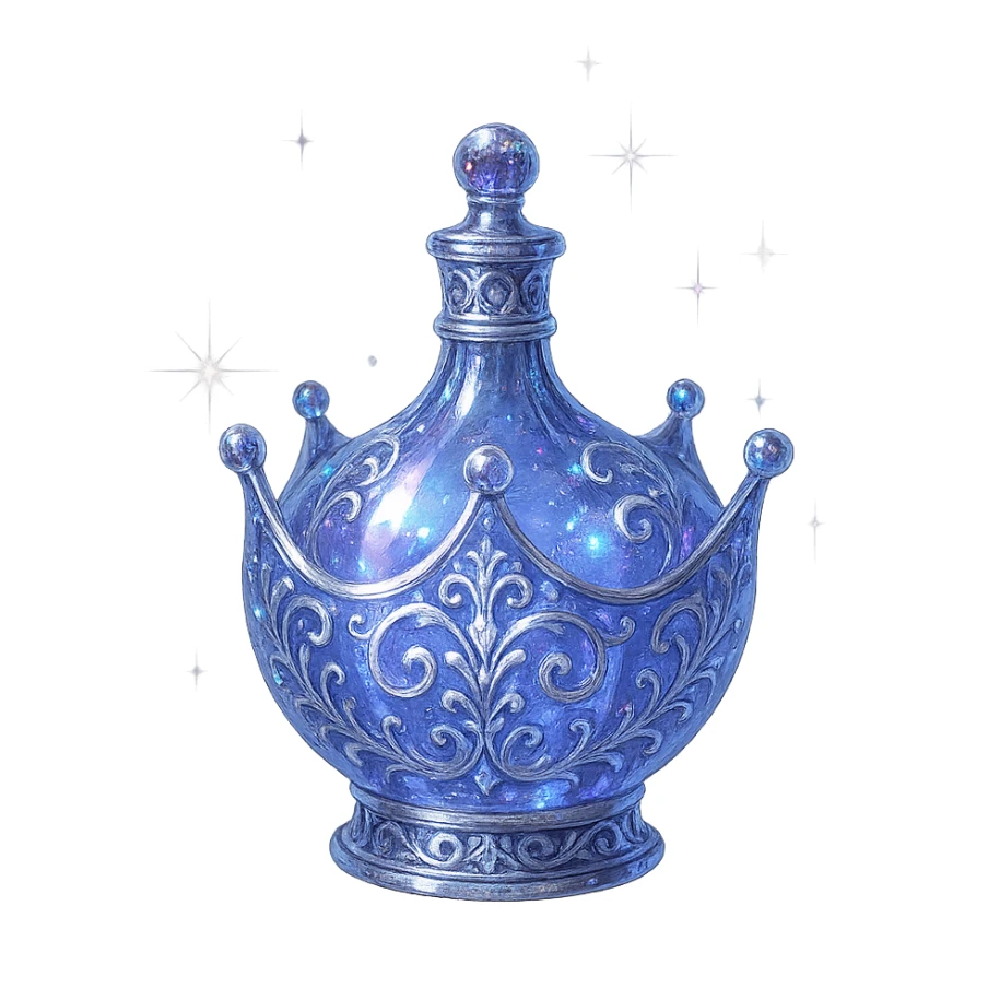 modernus prabangus eliksyro buteliukas, karūnėlės forma, spalva #7986cb, išraiškingi holografiniai ir sidabriniai filigranai, kristalo švytėjimas, žėrintys magiški efektai, šviesos lūžiai, labai mažas kaklelis, ornamentuota, gražiai užapvalinta, vientisa ir uždara apačia, skaidrus fonas, be šešėlio, aiškiai plūduriuoja ore, nestovi, kolekcijos stilius, maksimaliai gražus sticker