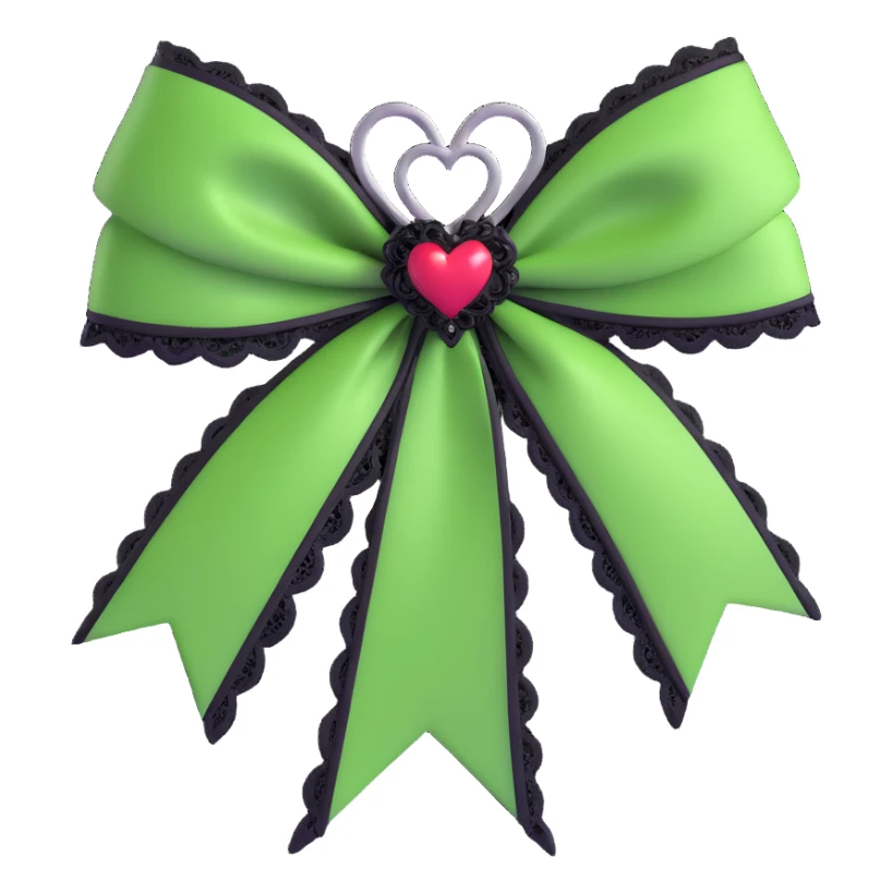 green gothic bow with black lace trim and heart charm, remove background sticker