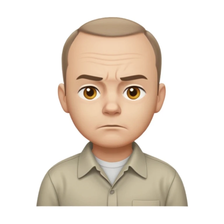 Carl from Sling Blade, serious, chin prominent, slouching, no glasses, collared shirt, side view, full body, standing, three-quarter angle, head forward, emoji style sticker