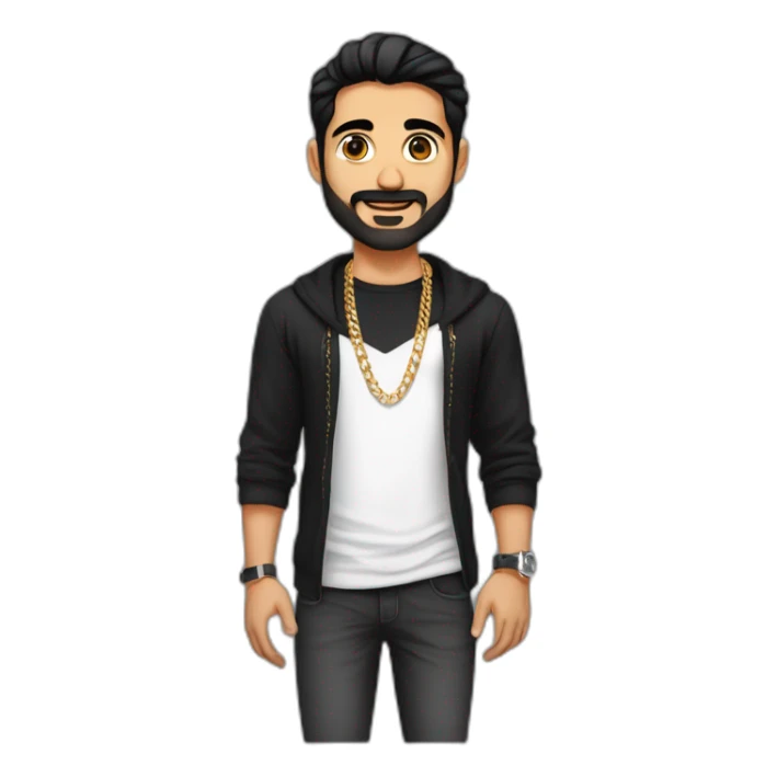 A strong Indian punjabi man wearing men silver chain,styled on a Full sleeve black tshirt,black hair white skin sticker