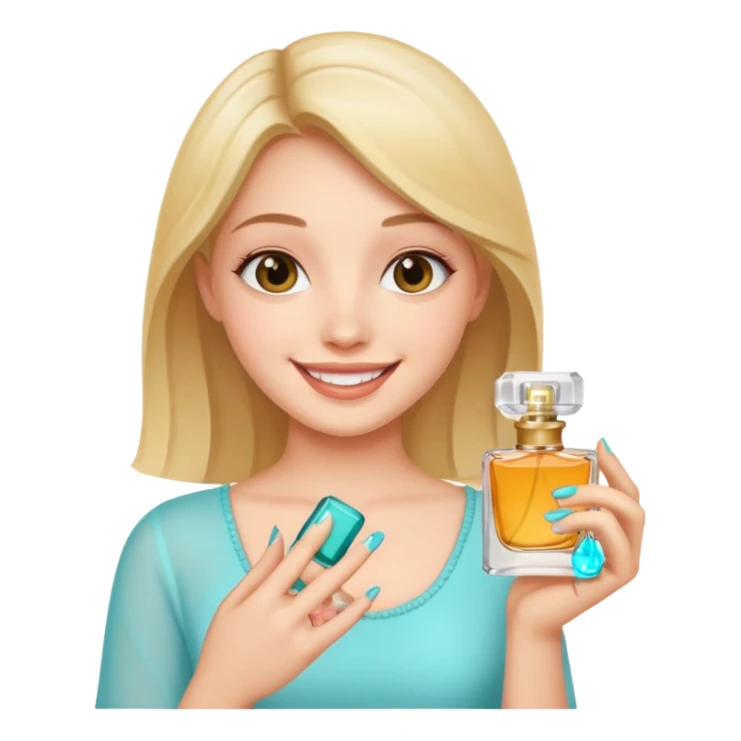pretty girl holding parfume with smile sticker