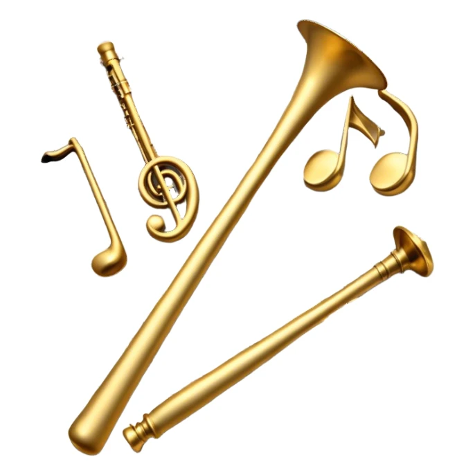 Create an elegant and artistic emoji that represents music arrangement and orchestration. The design should feature a conductor's baton, musical scores, and various orchestral instruments (drums, violin, trumpet, electric guitar, synthesizer). Incorporate flowing lines to represent harmony and orchestral balance, along with a subtle representation of sheet music. Use rich, classical colors like gold, silver, or deep blue, and create an atmosphere of sophistication and precision. The background should be transparent. sticker
