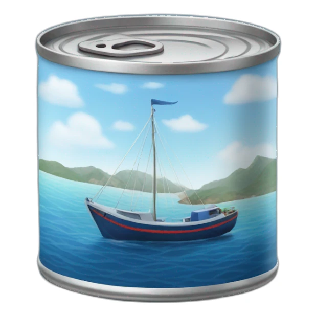 Realistic small can of tuna showing a blue sailling boat on a sea background sticker