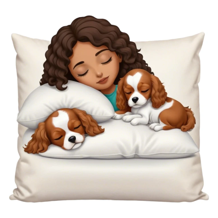 Curly dark hair medium length mixed girl sleeping on pillow with white and tan cavalier dog sticker