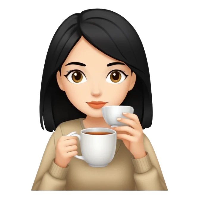 white girl with black hair doing self care, drinking tea, relaxing sticker
