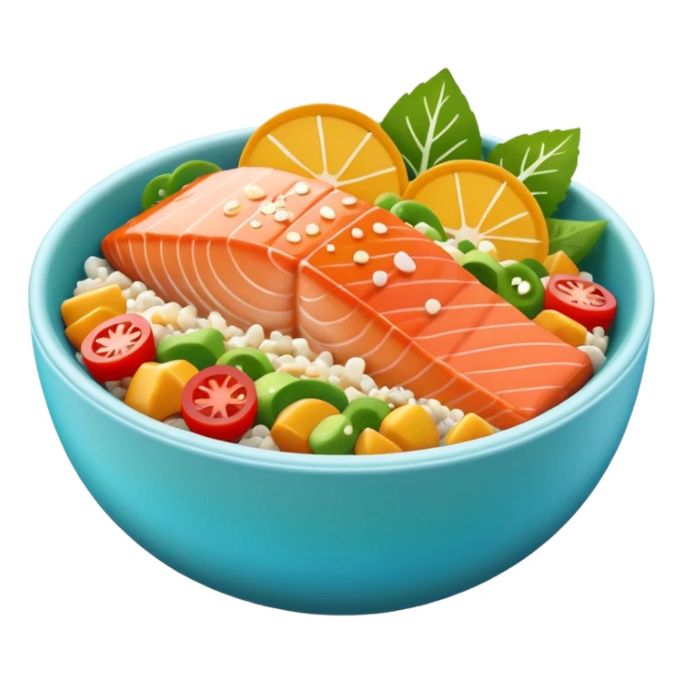 salmon poke bowl with smooth and three-dimensional texture without pixelation, salmon and toppings clearly visible, iPhone emoji style sticker