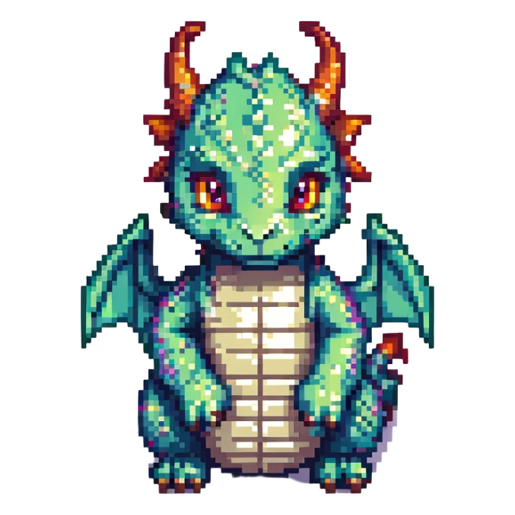 pixel art dragon icon, chibi proportions, cute and compact, bright palette sticker