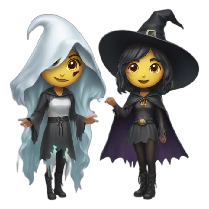 two girls with witch costume and chained ghost spirit costume sticker