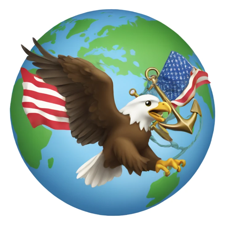 Eagle over the globe holding a flag with an anchor behind the world  sticker