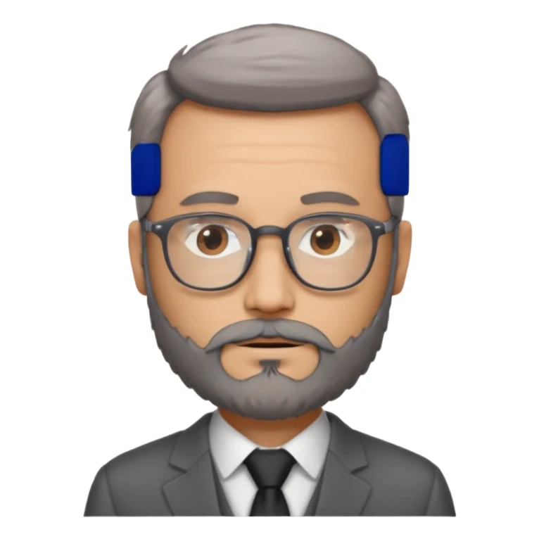 Create a figure that reflects an experienced entrepenurr but who has professional and elegant clothing, without hair, grey glasses, brown eyes and an unkempt beard  sticker