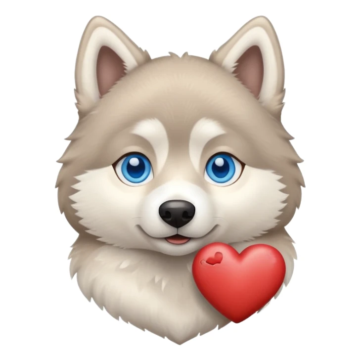 Beige husky with blue eyes holding a brown heart sticker