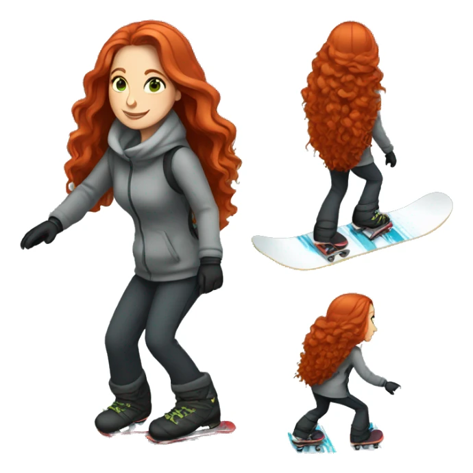 White woman with long red hair and grey-green eyes snowboarding sticker