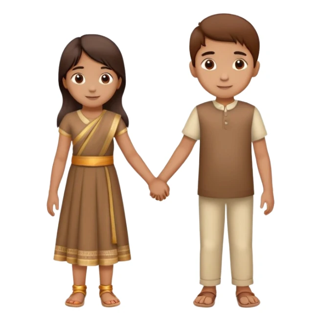 two Indian children (boy and girl) holding hands, boy lighter brown, girl medium brown, both age 5-6, simple background sticker