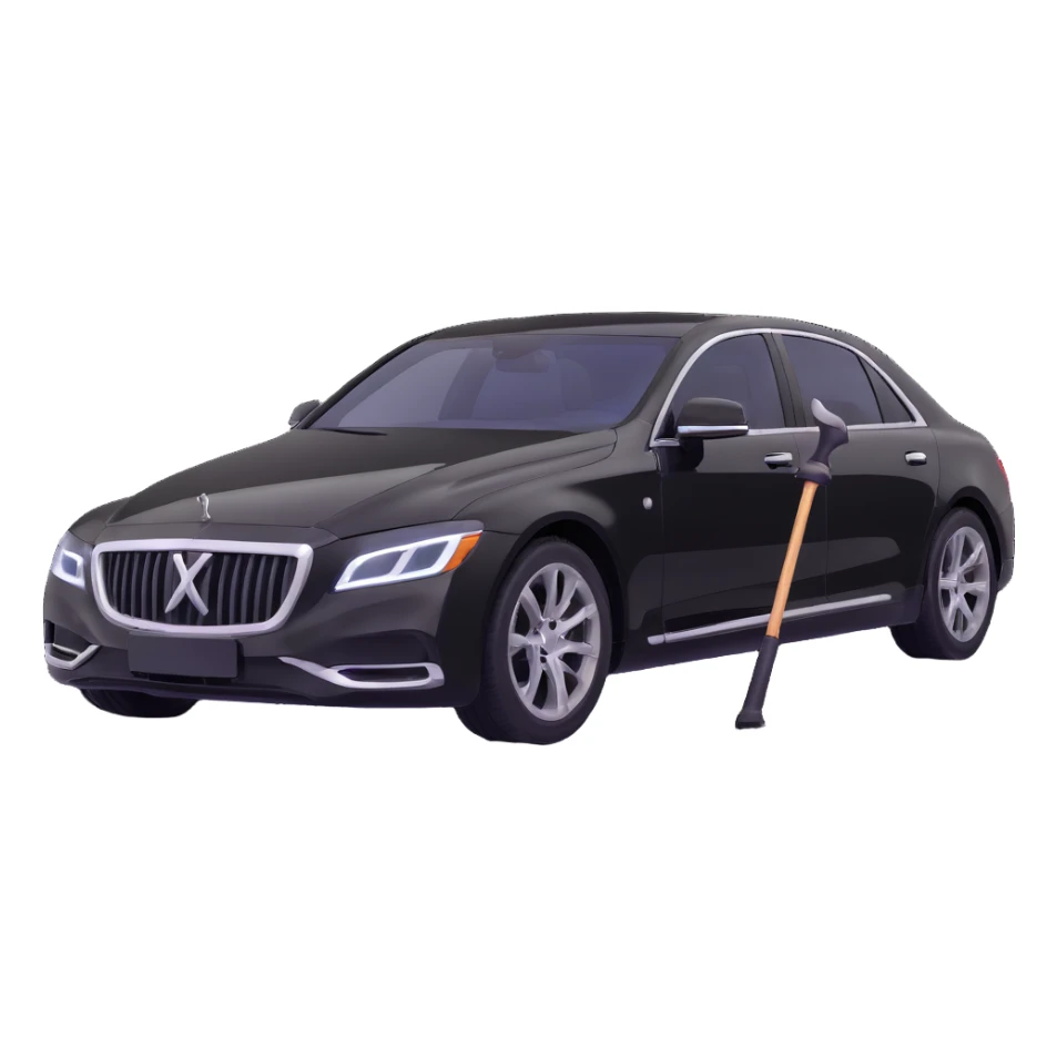 black luxury car with a visible dent, a hammer and a rod forming an X in the upper right part of the vehicle, reflection lamp illuminating the car, elegant and modern sticker