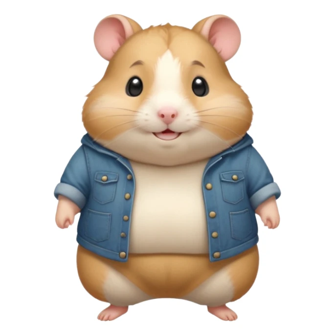 Cute chubby cartoon-style hamster wearing oversized pants that look too big, proud and smiling expression. Painterly shading, white background, sticker-style illustration sticker