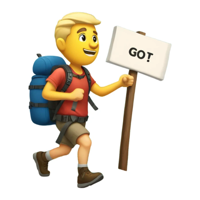 White man hiking mountain with sign that says “go for it!” sticker