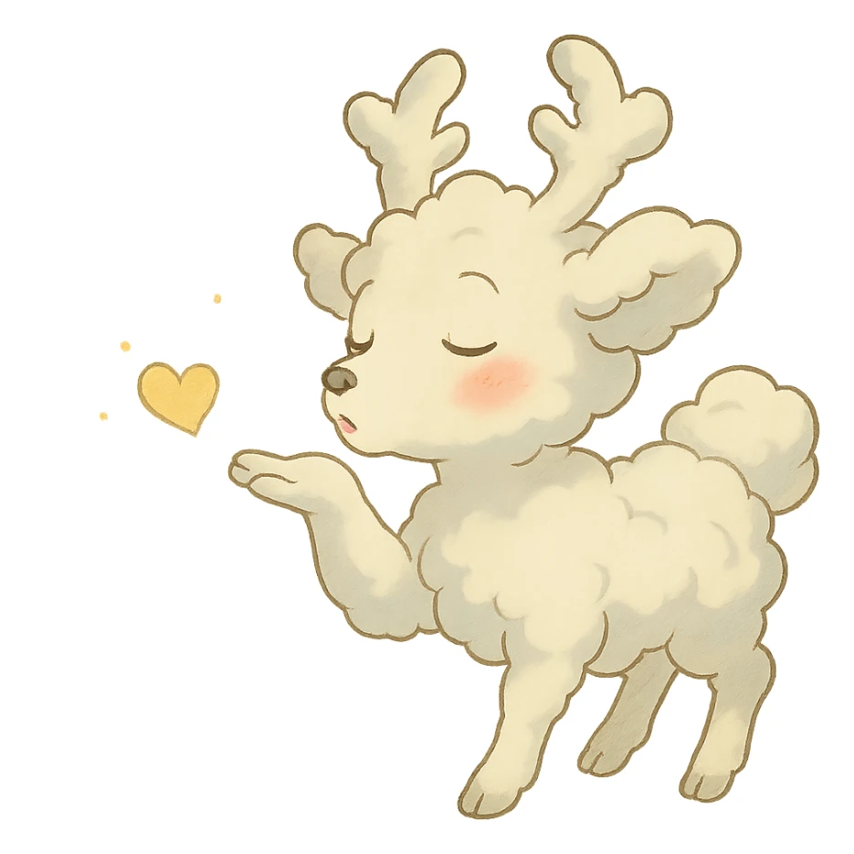 vanilla cloud doe with rosy cheeks, blowing a sparkling kiss, soft Ghibli style sticker