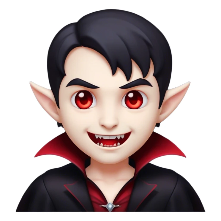 Cinematic Cute Vampire Portrait Emoji, with a refined yet playful small, rounded pale face accented by tiny, cute fangs and bright, twinkling eyes, sporting miniature elegant dark attire with a hint of crimson, simplified yet irresistibly charming, highly detailed with a soft glowing outline that captures the delightful duality of spooky sweetness and stylish allure! sticker