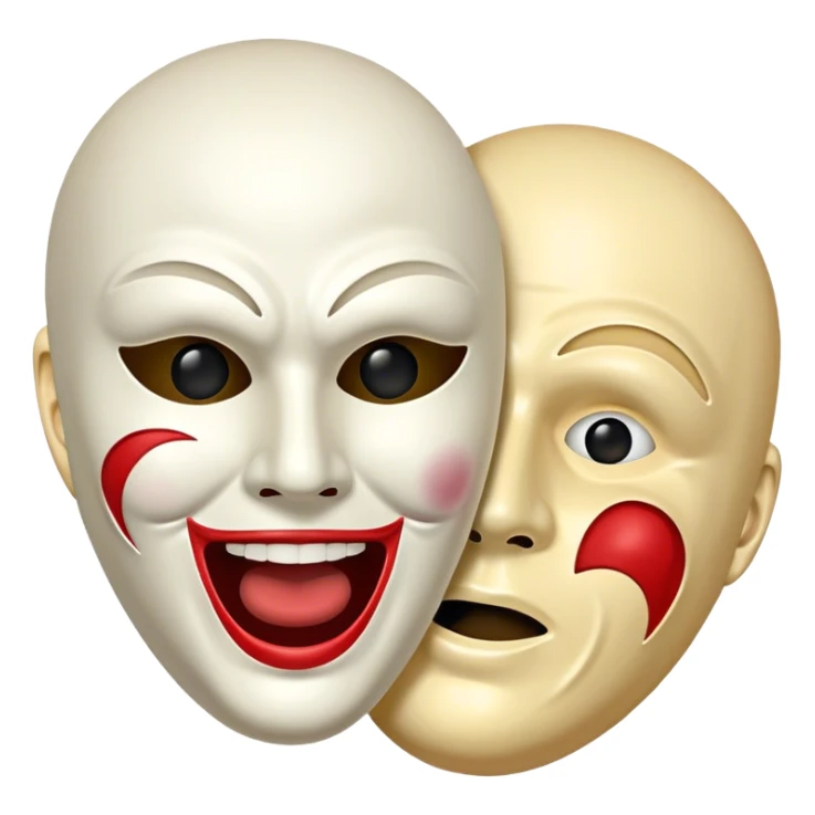 A person taking off a comedy mask revealing a tragedy mask underneath sticker