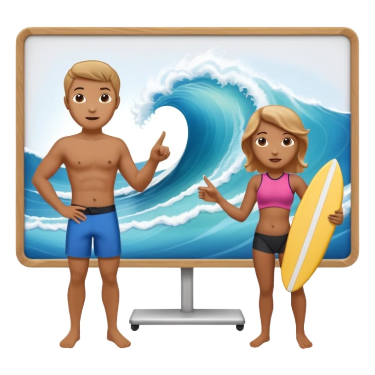 icon of a surf instructor teaching, pointing to a whiteboard with a wave in the center. Below the board are two avatars with their backs turned, looking at the board. sticker