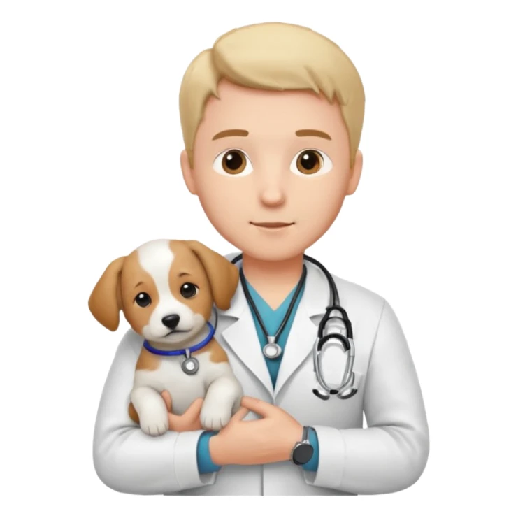 Young male vet – white coat, stethoscope, holding puppy. sticker