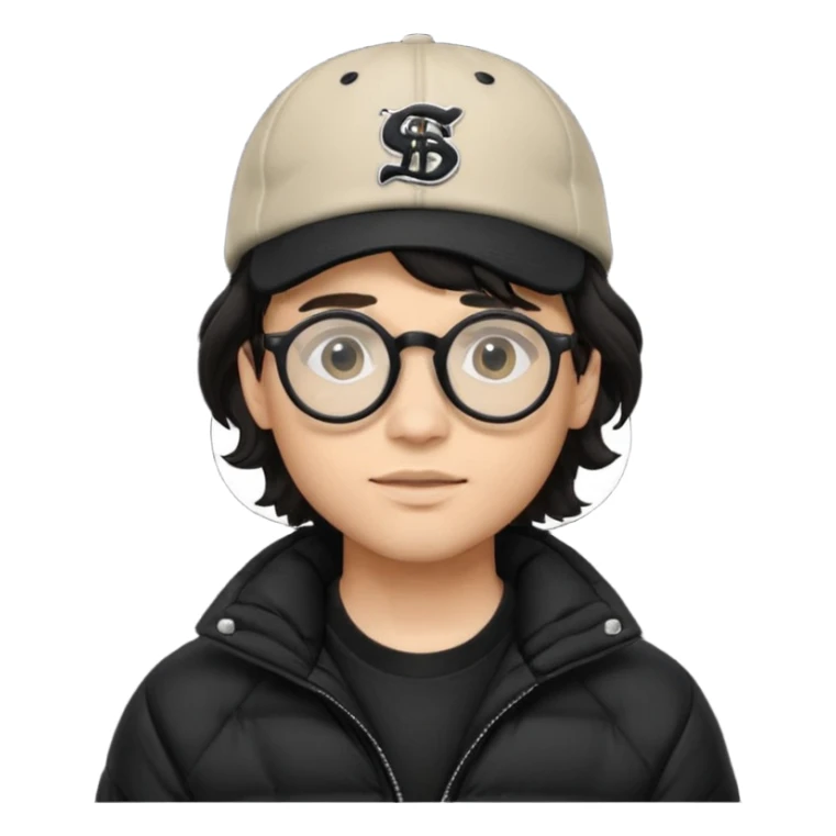 Young man wearing a black puffer jacket, black baseball cap with a small logo, round black glasses, wavy hair peeking out from under the  sticker