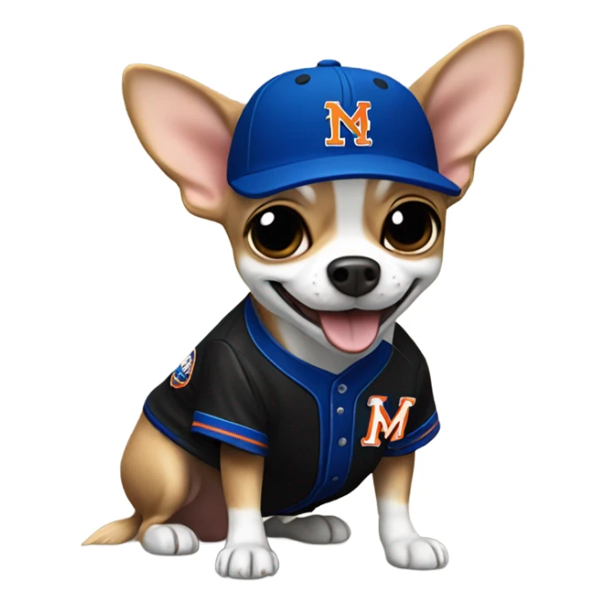 Chihuahua with a huge smile with a Black Mets uniform  sticker