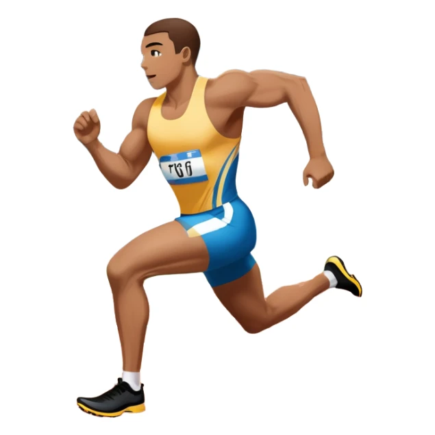 An icon symbolizing professional running: a dynamic sprinting athlete in motion on a track, leaving motion lines behind. The background features a large stadium with cheering crowds, a digital timer, and a clear blue sky. Transparent background emphasizes speed, endurance, and competition. sticker