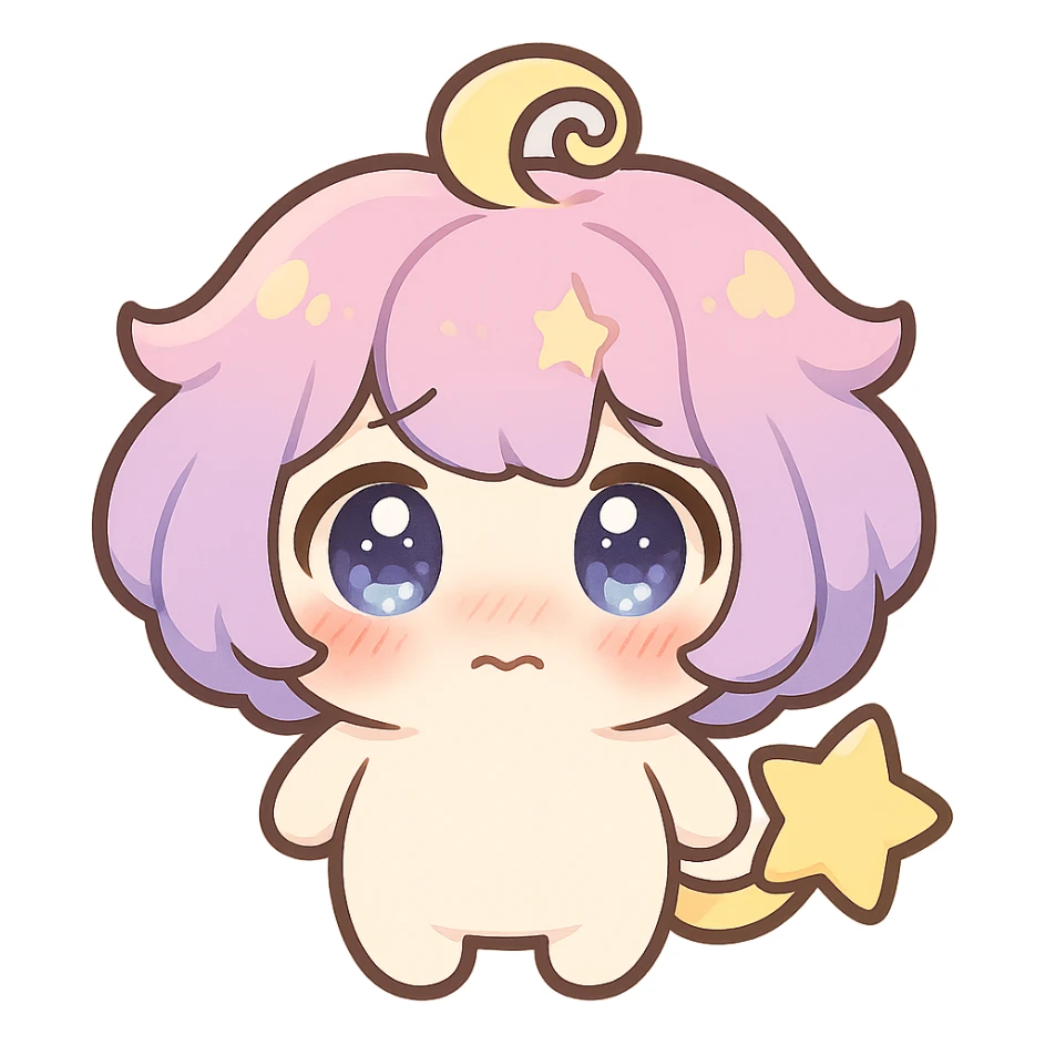 Stella Puff (星星噗噗) kawaii chibi style, front view, shy and blushing expression, big sparkling glassy blue-violet eyes, puffy pastel pink-purple gradient hair with yellow star swirl, creamy white round body, coral pink blush, short arms and legs, soft golden star tail, clean lines, transparent background sticker