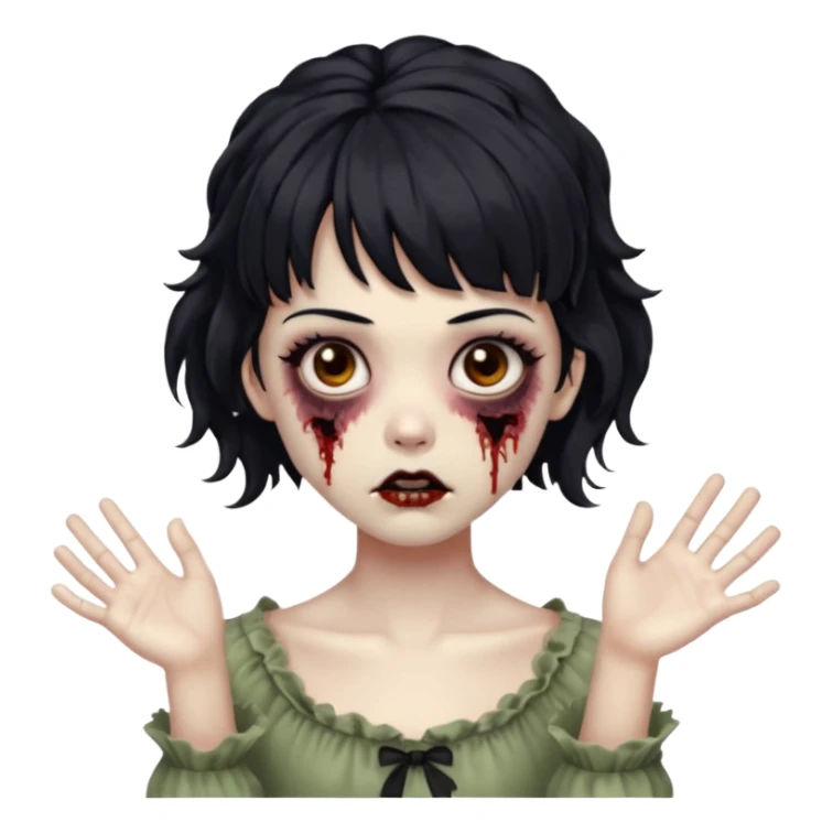 Cabelo ondulado  um pouco cheio e franja curta  Olhos marrons e pequenos e feita d ezumbi mais bonita com cabelo amarro na e com as mãos assim tipo assim🧟‍♀️ sticker