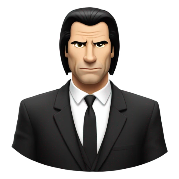 Generate an emoji-style version of the Confused Travolta meme featuring a simplified, cartoon-like representation of John Travolta's character from Pulp Fiction. The figure should have a puzzled expression, with slightly raised eyebrows and an open hand gesture.  the character should wear a black suit with a white shirt.  sticker