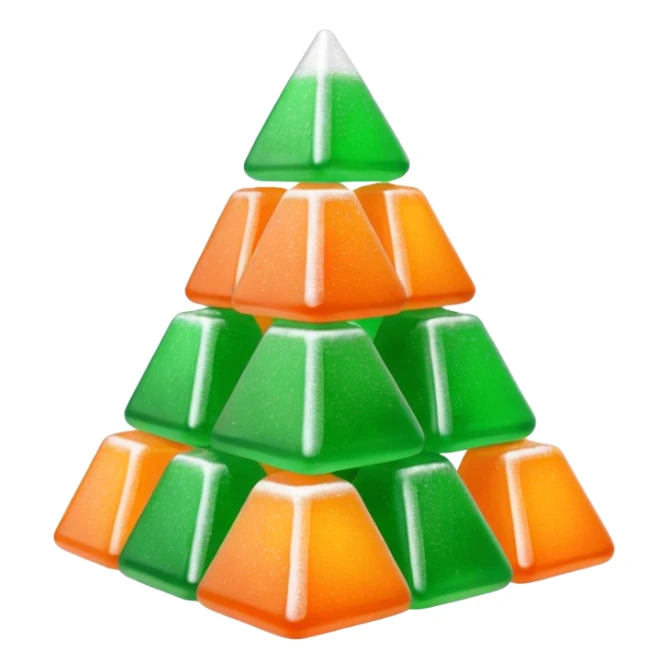 3D render of Gumdrop Pyramid, made entirely of dessert materials, glistening sugar crystal texture, stacked green and orange sugar-coated jelly candies, delicious confectionery aesthetic, Apple emoji style, isolated on white background --v 6.0. sticker