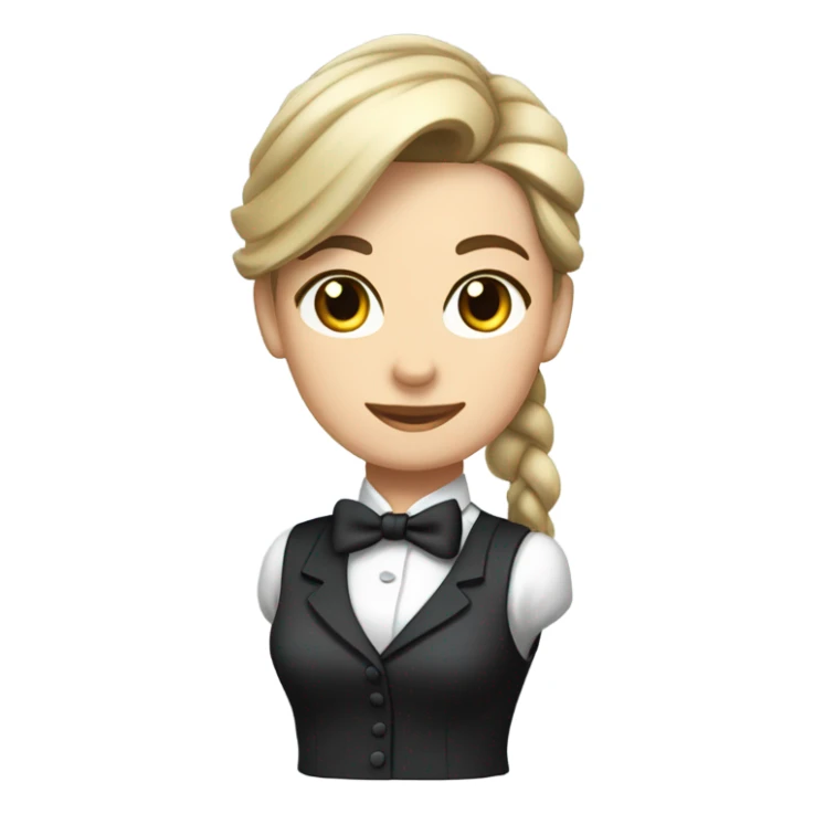 a caucasian female butler with a professional and elegant demeanor. She has her hair neatly tied in a ponytail and wears a classic butler uniform, including a tailored vest, crisp white shirt, and bow tie. sticker