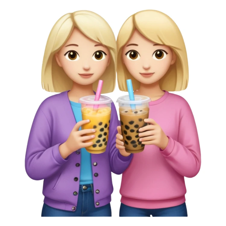 two friends, one blonde and one brunette, standing with their backs, hugging each other with one hand and holding bubble tea with the other, emoji style, with colorful bubble tea cups sticker