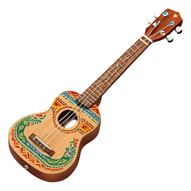 Create a vibrant and artistic emoji representing a ukulele with a Mexican design. The ukulele should feature a bright, colorful body with traditional Mexican patterns, such as geometric shapes, floral motifs, or colorful stripes. Use rich, warm tones like red, yellow, green, and blue to give the instrument a lively, festive look. Highlight the wood grain of the ukulele’s neck and fingerboard, and add subtle details like decorative inlays or a small Mexican flag symbol on the body. The strings should be clearly visible, and the instrument should be in a slightly angled position to showcase its unique design. The background should be transparent. sticker