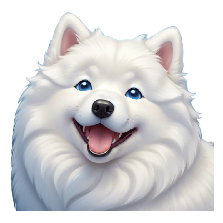 Cinematic Cute Yawning Samoyed Portrait Emoji, Head tilted slightly with a dramatic, wide-open yawn, showcasing a soft, fluffy white Fur with a gentle shimmer, floppy ears slightly drooping, round blue eyes barely open in drowsy contentment, Simplified yet irresistibly adorable features, highly detailed, glowing with a soft, cozy glow, high shine, relaxed yet expressive, stylized with a touch of whimsy, bright and endearing, soft glowing outline, capturing the essence of a sleepy yet affectionate companion, so drowsy it feels like it could stretch right out of the screen and curl up for a nap! sticker