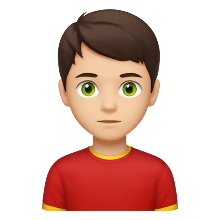 A portrait of a 14-year-old boy, he's got dark-brown hair, light brownish skin and green hazel eyes. he's wearing a red t-sirt with yellow sleeves. sticker