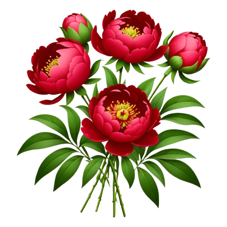 bouquet red Peony, luxuriant, stem, leaf, bud sticker