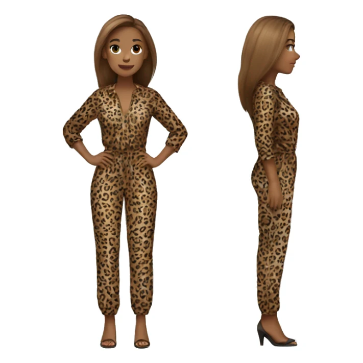 jumpsuit leopard print, light brown straight hair, full body sticker