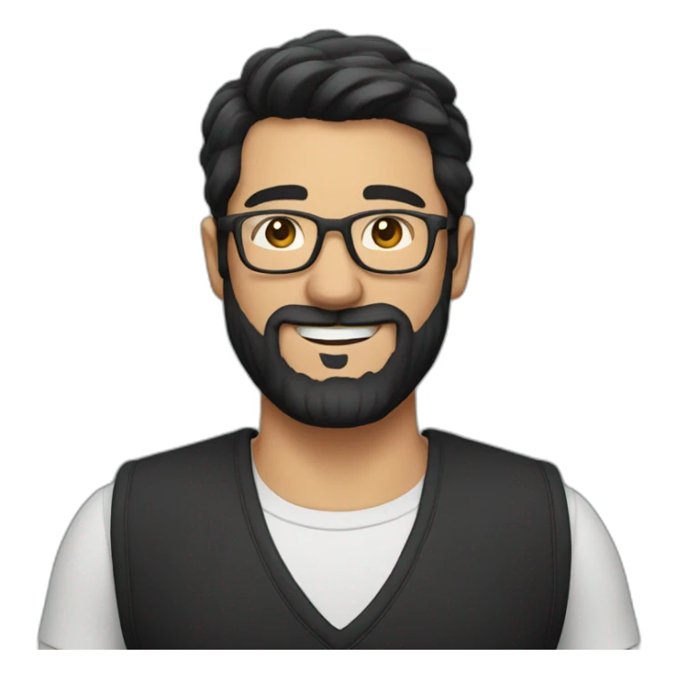 Smiling man with short black hair and glasses and beard wearing a black vest sticker