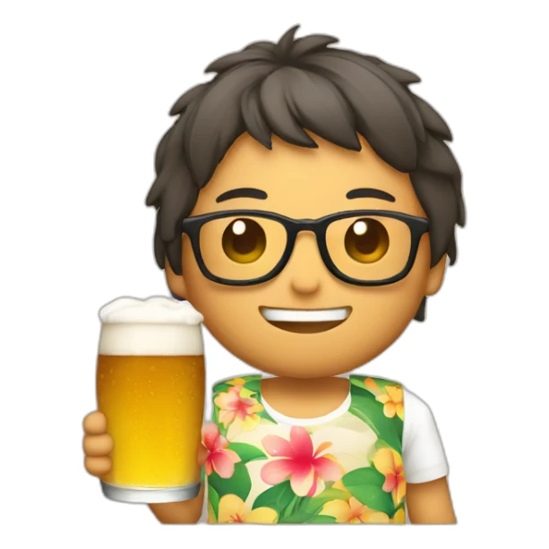 Japanese wearing roundglasses alohashirt is holding beer sticker