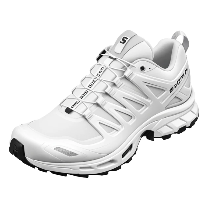 Completely all-white Salomon XT-6 shoes with no colored details whatsoever, one positioned behind the other, pure white minimalist design, iOS emoji style sticker