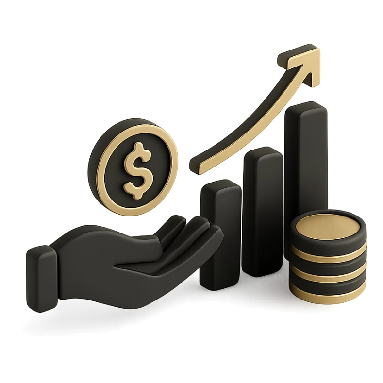 investment icon, a hand holding a coin, a growing bar chart, a stack of coins, 3D black style sticker