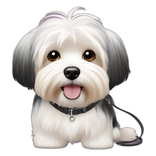 2 havanese dogs on leashes, 1 with patches of black sticker