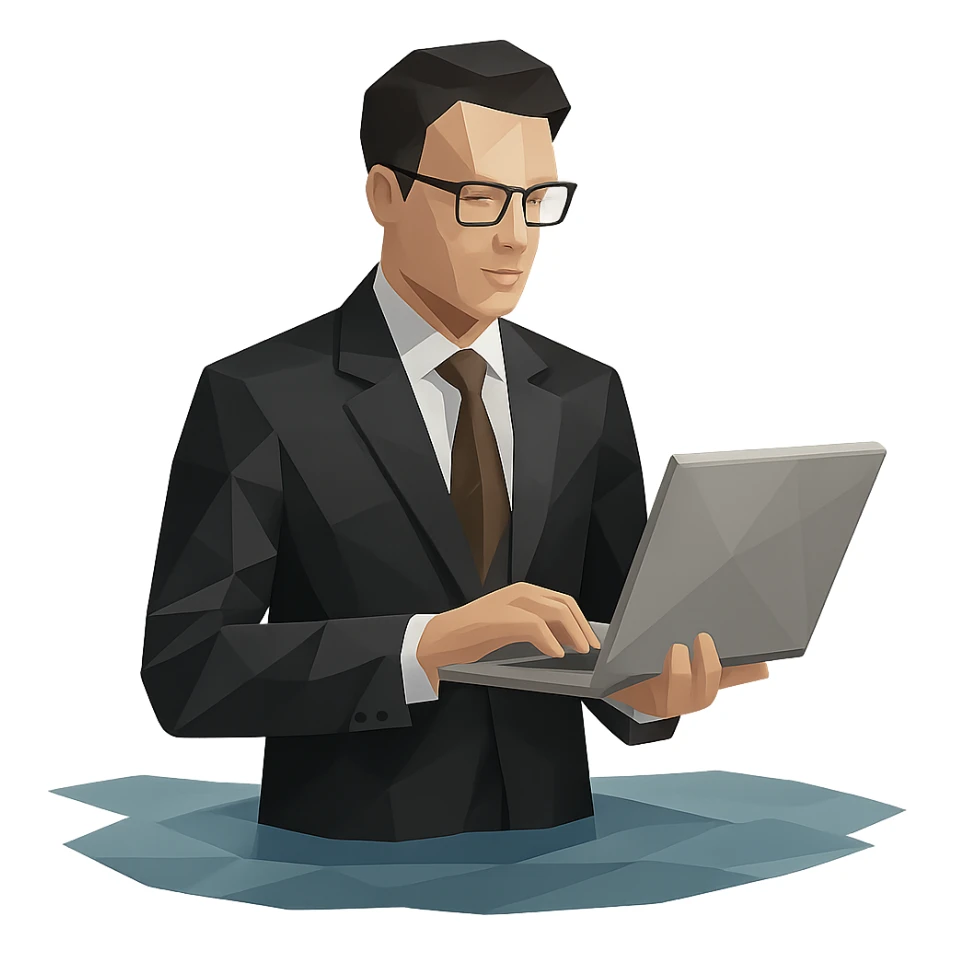 Businessman in black suit and glasses stands waist-deep with computer sticker